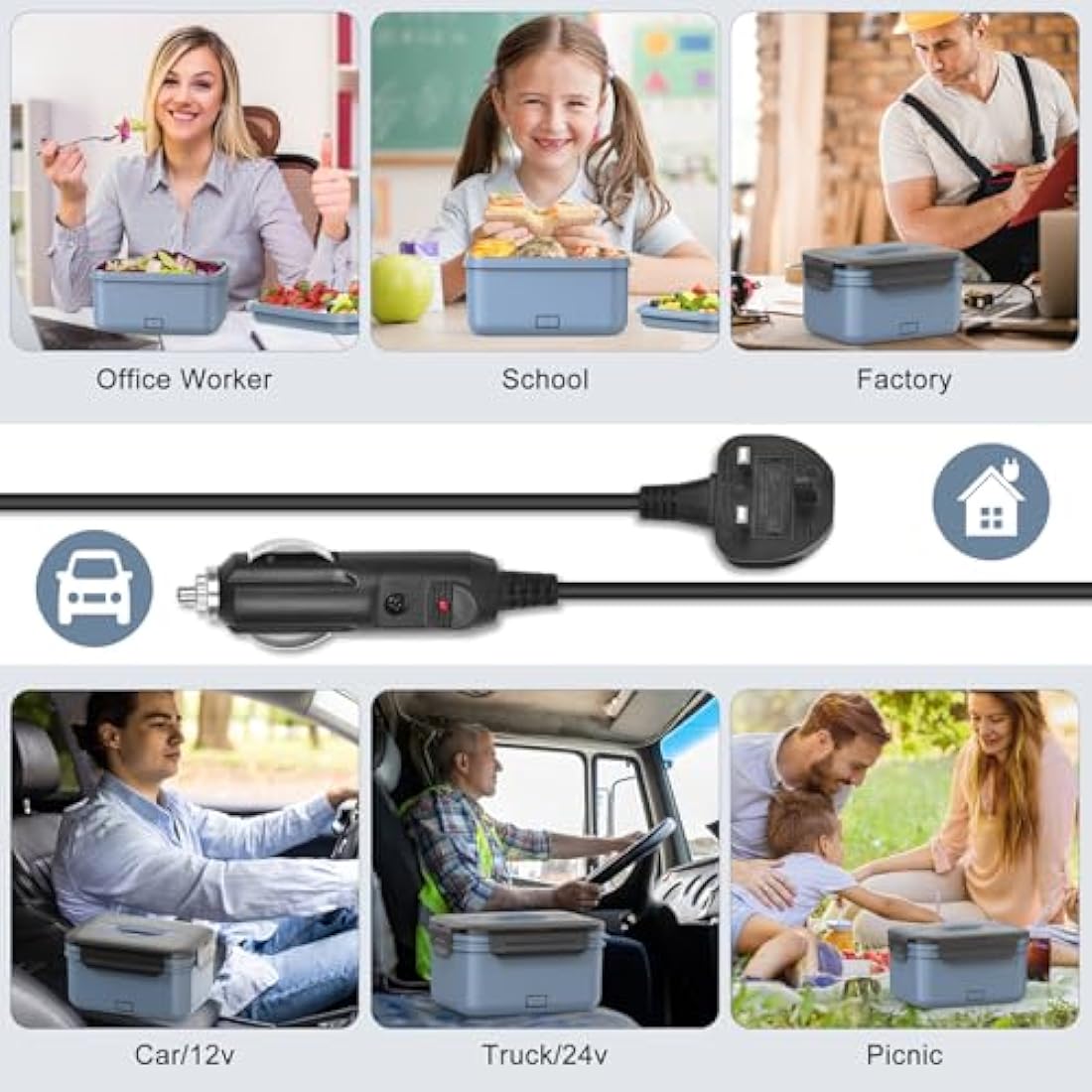 Herrfilk 100W Electric Lunch Box Adults, 1.8L Thermal Lunch Box with Compartments, Heated Lunchbox with 230V Home/Office & 12V 24V Car/Truck Cables, Insulated Lunch Bag, Spoon and Fork, Dark Blue