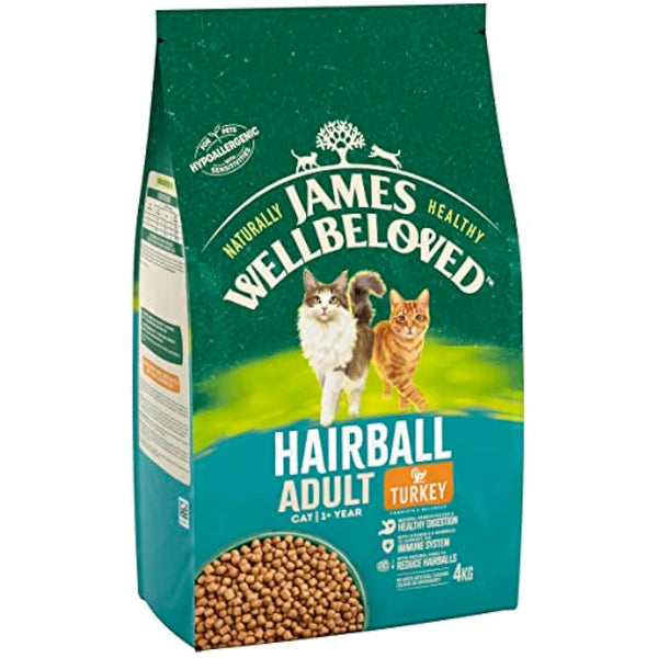James Wellbeloved Hairball Adult Turkey 4 kg Bag, Hypoallergenic Dry Cat Food
