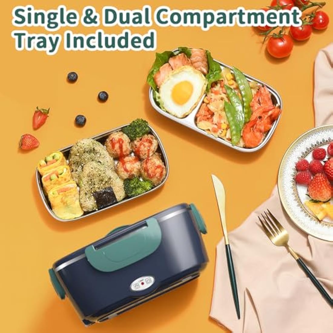 Electric Heated Lunch Box 100W - 3-in-1 Fast Heating Lunch Boxes Portable for Adults, 12V/24V/220V with 2 Pack Containers (Single & Compartment) for Car Truck Office (3 Times Faster), Navygreen