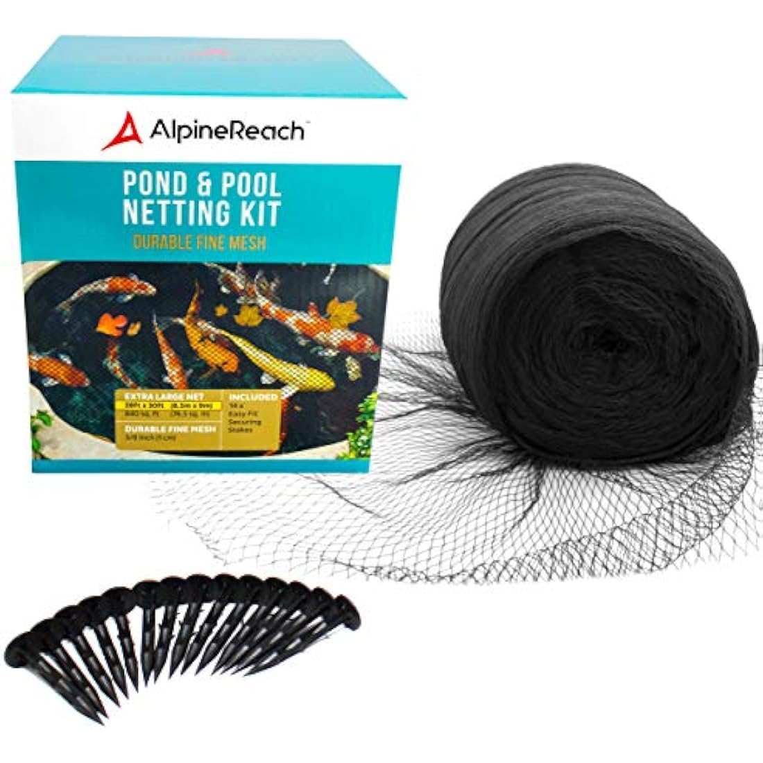 AlpineReach Koi Pond Netting Kit 8.5m x 9m Black Heavy Duty Woven Fine Mesh Net Cover for Leaves - Protects Koi Fish from Blue Heron Birds, Cats & Predators – Reusable & Stakes Included
