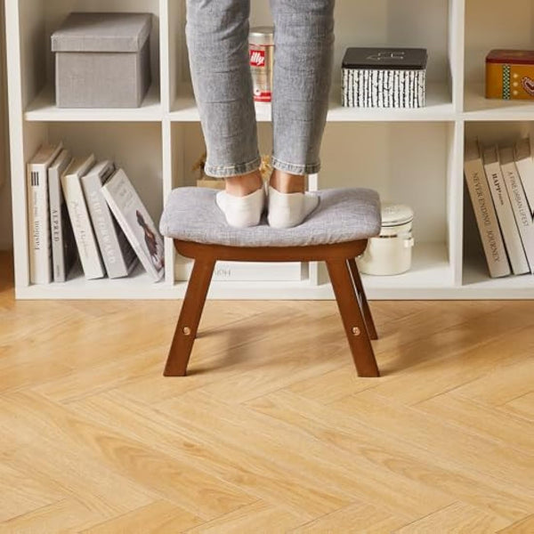 Aibiju Foot Stool, Ottoman Pouffe Stool, Low Stool Fabric Sofa Stool Cover 4 Beech Legs Suitable for Bedroom, Living Room and Kitchen, (Brown Leg + Grey cushion), YDEU-1355