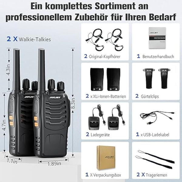 JUCJET Walkie Talkies, 88E Upgraded PMR446 Walkie Talkie, Two-Way Radio Rechargeable Walkie Ttalkie, With Original Earpieces, Reliable Long Range 2-Way Radios, Professional & Easy To Use (2 Pack)