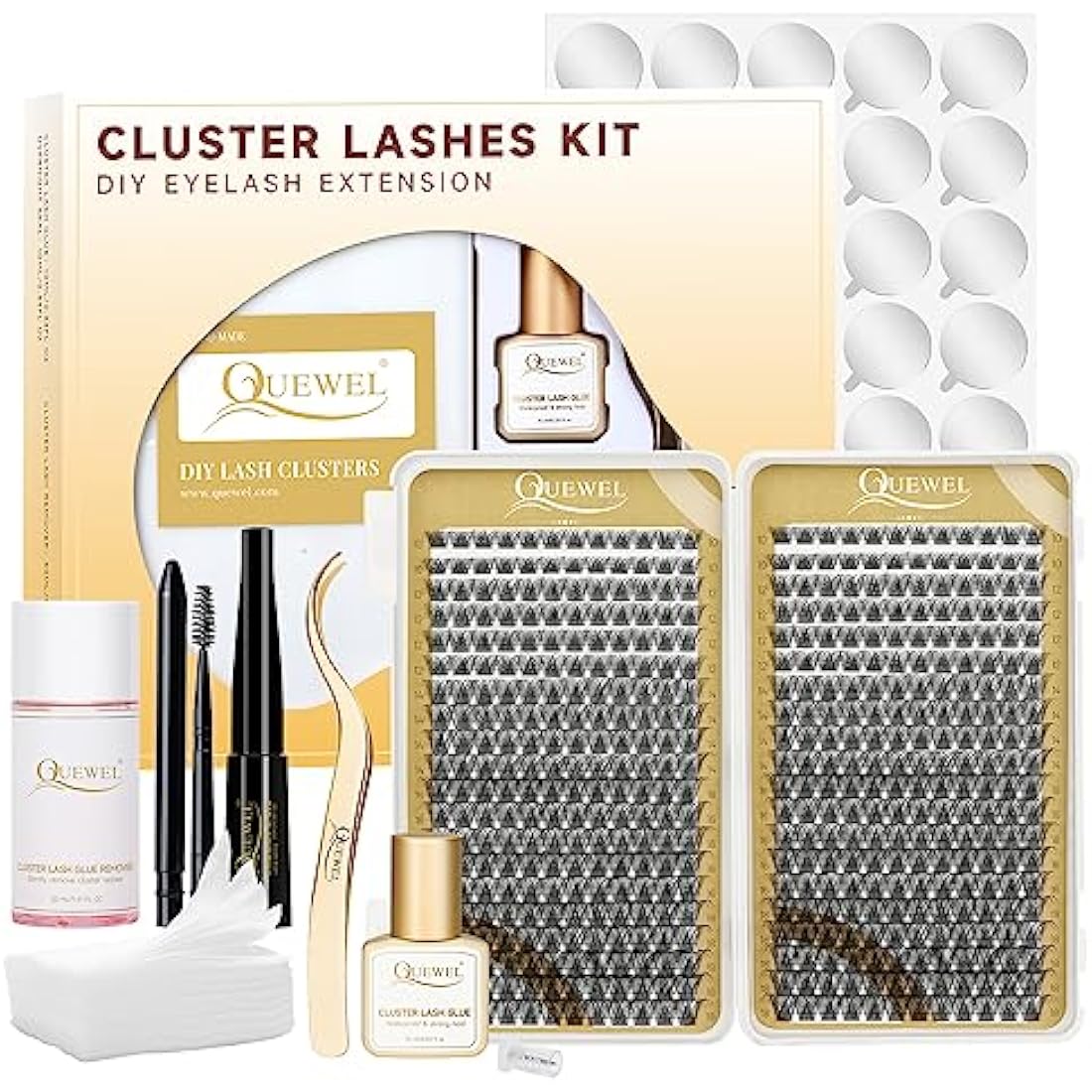 Individual Lashes 480 Cluster Lashes QUEWEL DIY Lash Extensions Kit, Eyelashes Applicator, Lash Cluster Glue Remover, Long-lasting Lash Glue and Overnightseal for Beginner to Apply(Natural D MIX)