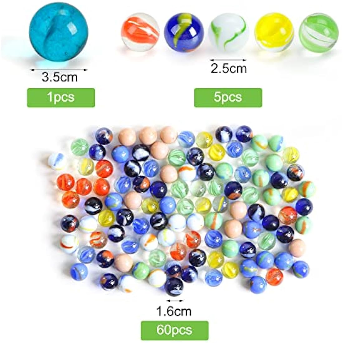 HAKACC 66 PCS Glass Marbles, 3 Sizes Assorted Colors, Variety of Patterns for Kids Marble Games & DIY Home Decor