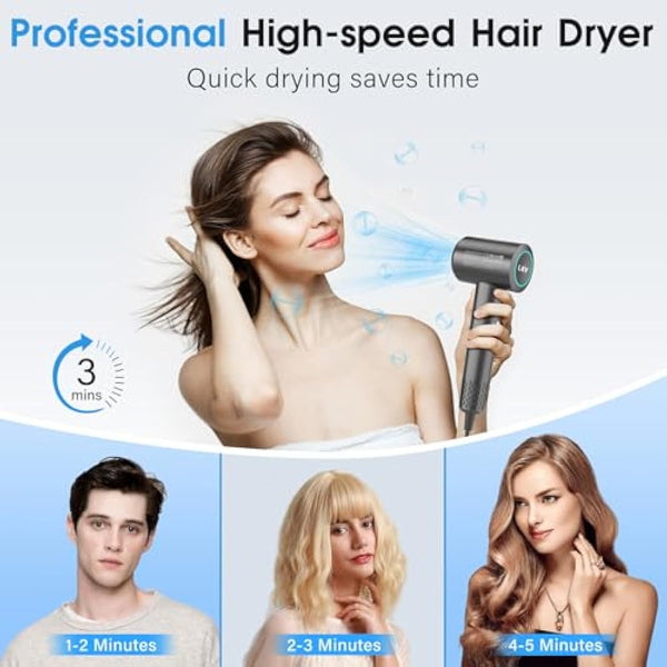 LKV Hair Dryer Professional High-Speed,200 Million Negative Ionic Hairdryer, 36m/s Airflow, Diffuser & Concentrator Nozzle, 1500W Fast Drying Blow Dryer for Home, Bathroom,Travel,59dB Low-Noise,Grey