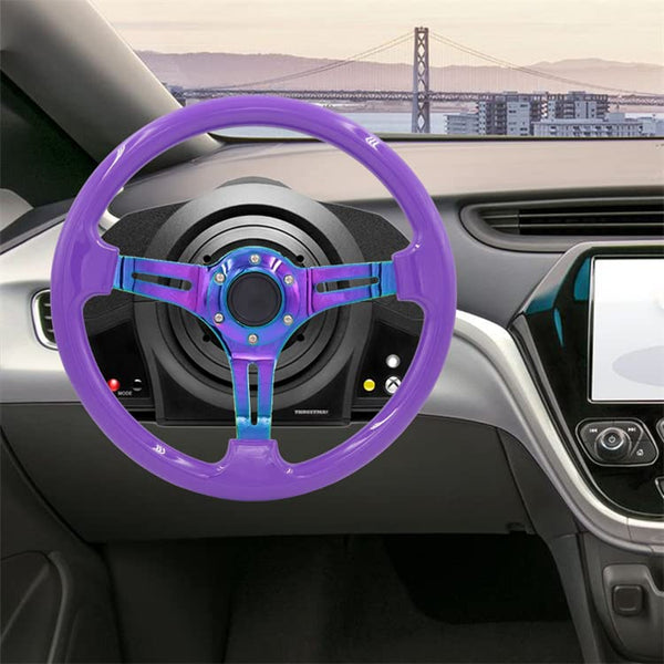 350mm Green Racing Steering Wheel Neo Chrome Spoke Universal 6 Bolts 45mm Deep Dish Classic ABS Wood Steering Wheel with Horn Button