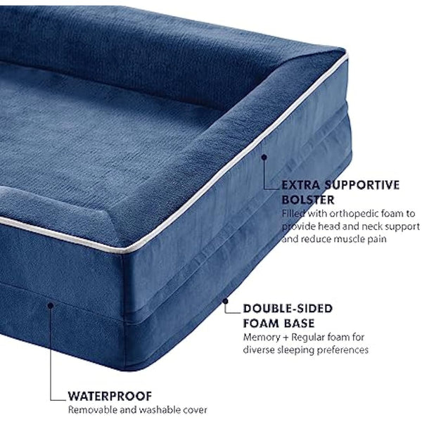 Codi Medium Memory Foam Layer Dog Bed, Washable Orthopedic Dogs Beds Couch with Removable Zipper Cover, Waterproof Pet Sofa with U-Shape Bolster, Navy Blue, 71x58x(7.5+8.9) cm