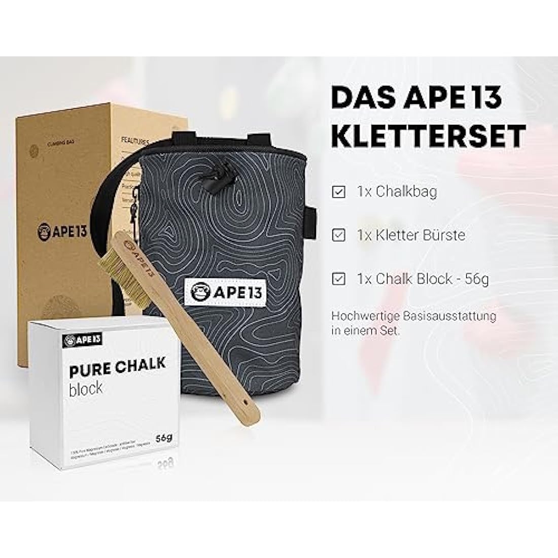 APE13® Chalk Bag zum Klettern und Bouldern (als Set & Einzeln) - inkl. Gurtband, Tasche, Halter für Bürste - Boulder Beutel für Magnesium - Kletter Chalkbag groß für Kalk/Kreide/Magnesia