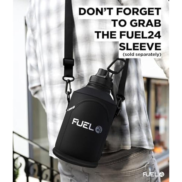Fuel24 1.3L/2.2L Black Water Bottle Metal - STRONG, Drop & Leakproof BPA free 2L 1L Stainless Steel Water Bottle (1 Litre) - Large Gym Bottles for Men, Sports Water Bottle, Travel, Hiking Water Bottle