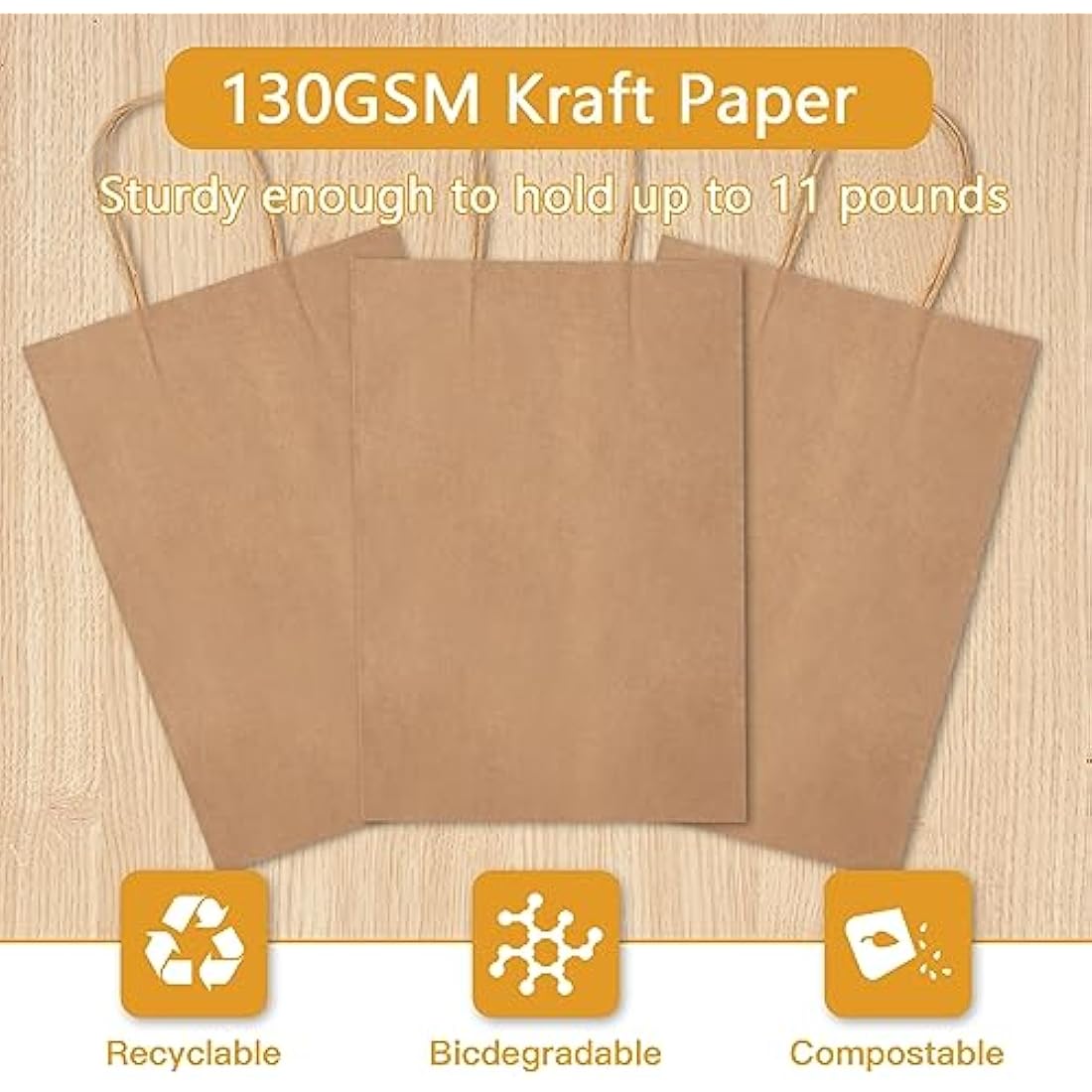 HAUSPROFI 25pcs Kraft Paper Bags for Gifts, Food & Sweets, Strong Carrier Bags with Twisted Handles for Kid Parties, Weddings, 27x21x11cm, Thicken 130gsm