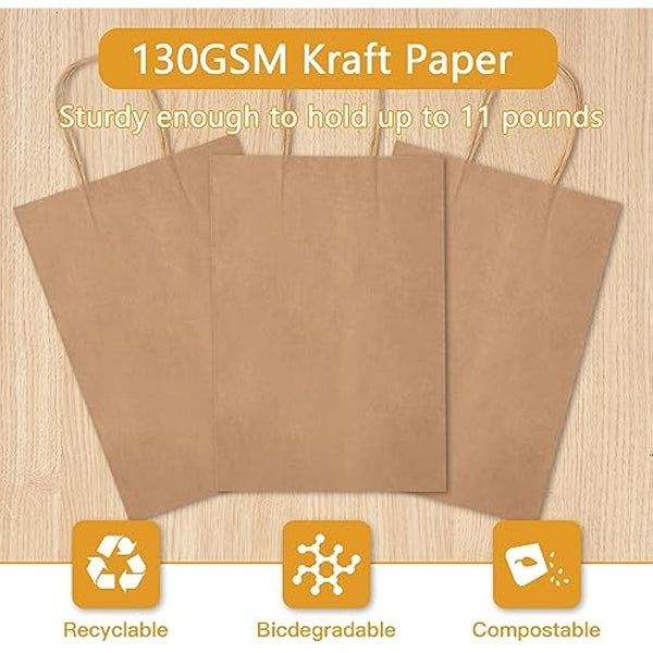 HAUSPROFI 25pcs Kraft Paper Bags for Gifts, Food & Sweets, Strong Carrier Bags with Twisted Handles for Kid Parties, Weddings, 27x21x11cm, Thicken 130gsm