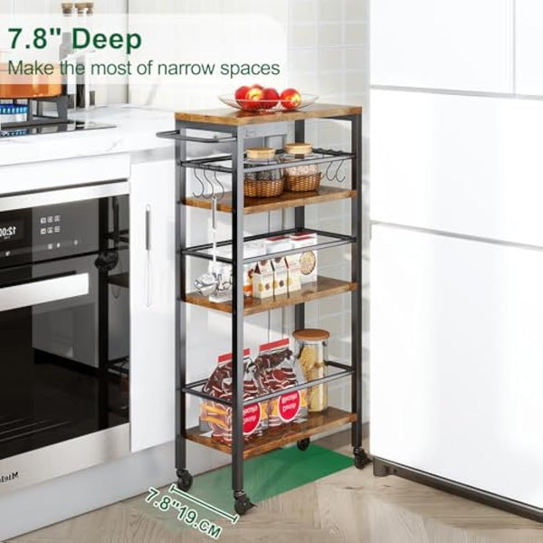 IBUYKE Slim Rolling Cart,4-Tier Metal Kitchen Storage Trolley,Trolley cart on Wheels for Narrow Space,with Handle and Wooden Tabletop,for Kitchen, Dining Room,Laundry Room,Rustic Brown TMJ065H