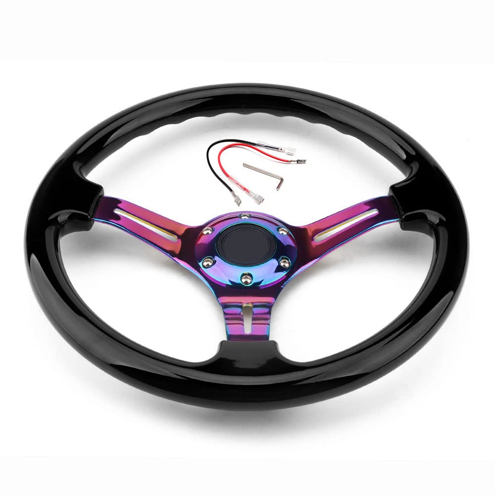 350mm Green Racing Steering Wheel Neo Chrome Spoke Universal 6 Bolts 45mm Deep Dish Classic ABS Wood Steering Wheel with Horn Button