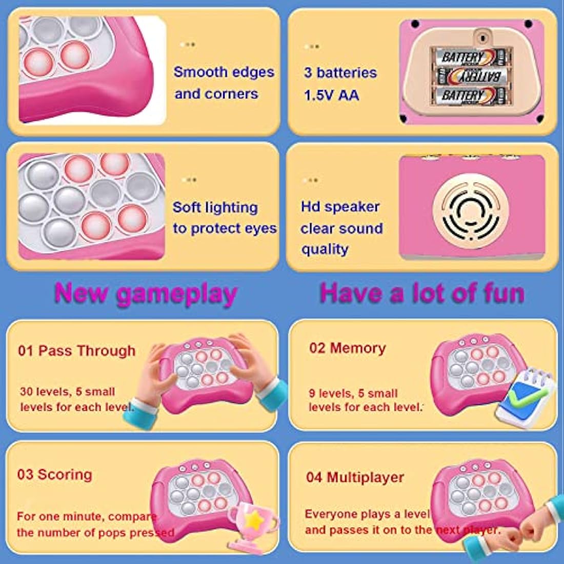 Fast Push Pop Game Sensory Fidget Toys, Quick Light Up Popping Game, Handheld Game Machine For Ages 4-8, Christmas Stocking Filler Gift for Kids Boys Girls 4 5 6 7 8 Years Old(No battery) (Pink)