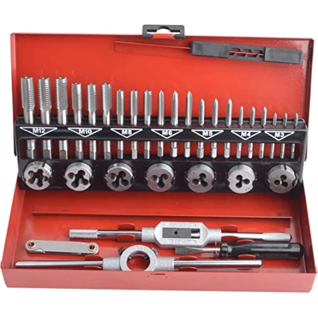 Gunpla 32 Pieces Tap and Dies Set Tungsten Heavy Duty Alloy Steel Metric Screw Threads Cutting Tools Taper Drill Threading Kit with Storage Case