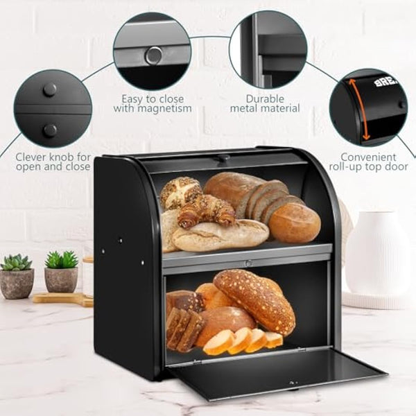 Dyserbuy 2-Layer Bread Bin, Bread Bins for Kitchen, Large Bread Box with Roll Top Lid, Metal Bread Container, Storage Bin for Fresh Loaves, Cookies, Pastries 30 x 25 x 33 cm (Black)
