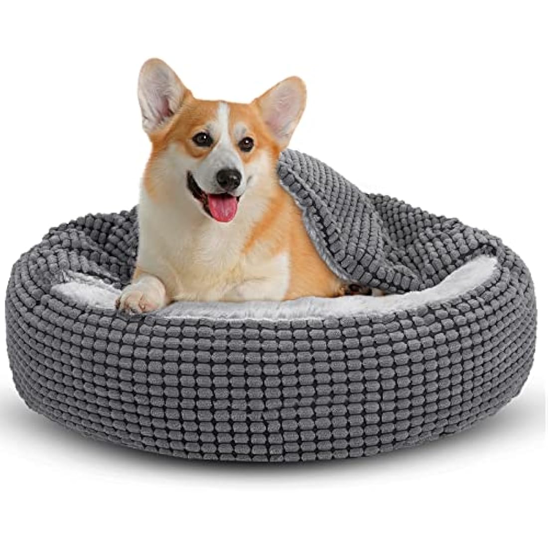 JOEJOY Round Dog Bed Calming Donut Cuddler Pet Bed for Large Medium Small Dogs, Warm Puppy Hooded Dog Cave Bed Cat Bed Medium Washable with Breathable Fluff, Fits Up To 25/30lbs Pets