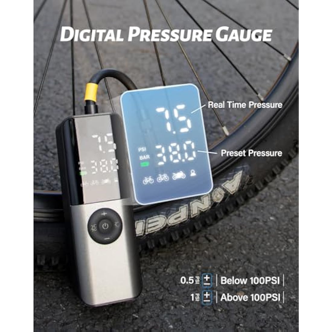 Electric Bike Pump, 150Psi Portable Bicycle Tire with Digital Pressure Gauge for E-Bike, Motorcycle with Presta, Schrader, Dunlop Valve Accessories