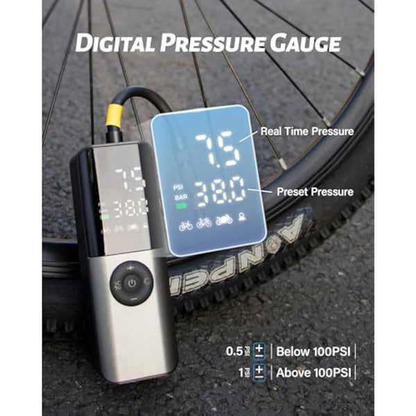 Electric Bike Pump, 150Psi Portable Bicycle Tire with Digital Pressure Gauge for E-Bike, Motorcycle with Presta, Schrader, Dunlop Valve Accessories