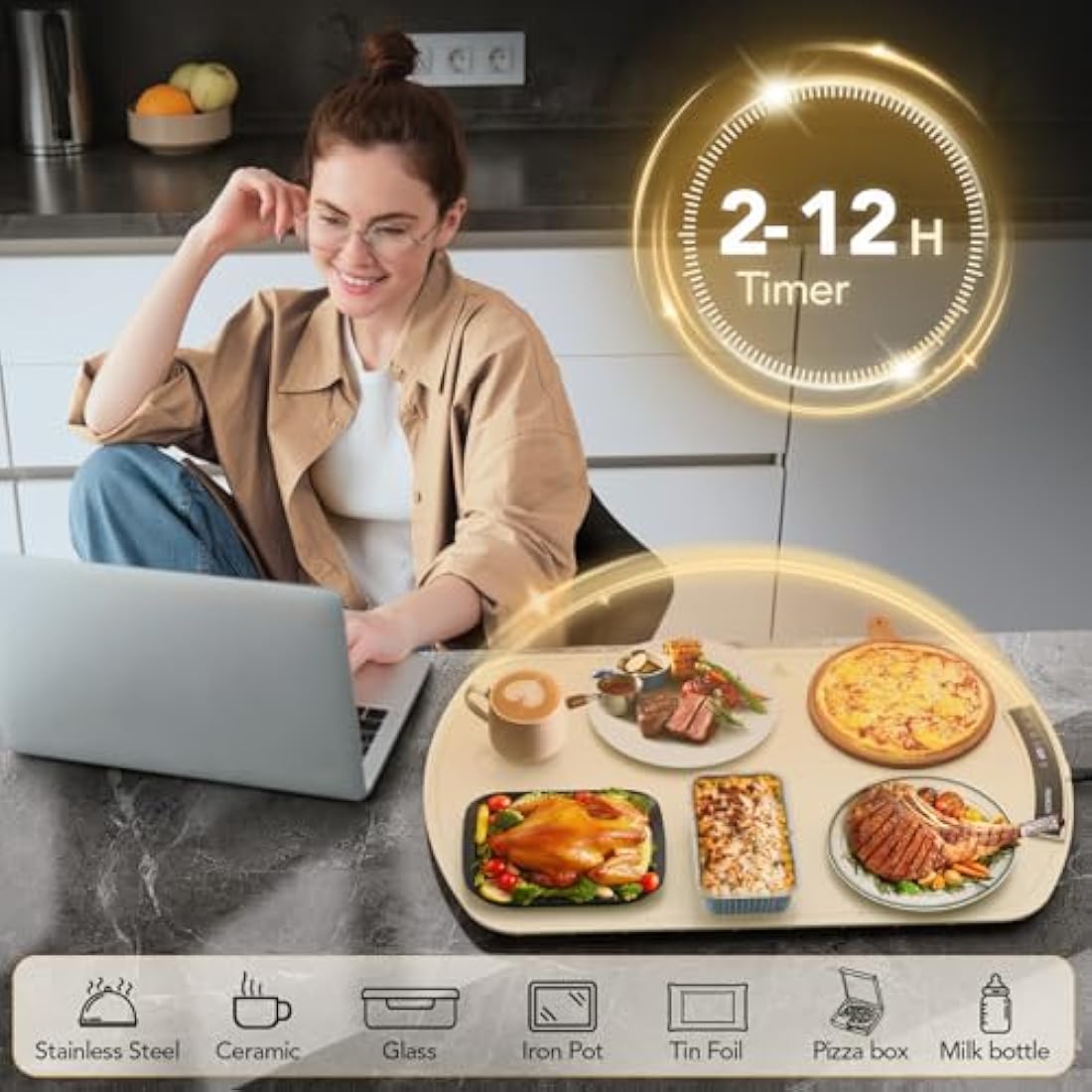 Accwork Electric Food Warmer, Portable Food Warming Tray with 6 Timers, 9 Temperature Settings, Waterproof Silicone Heating Mat for Buffet Party, Home Dinners & Gatherings, 65 x 40 x 1.8cm, Beige