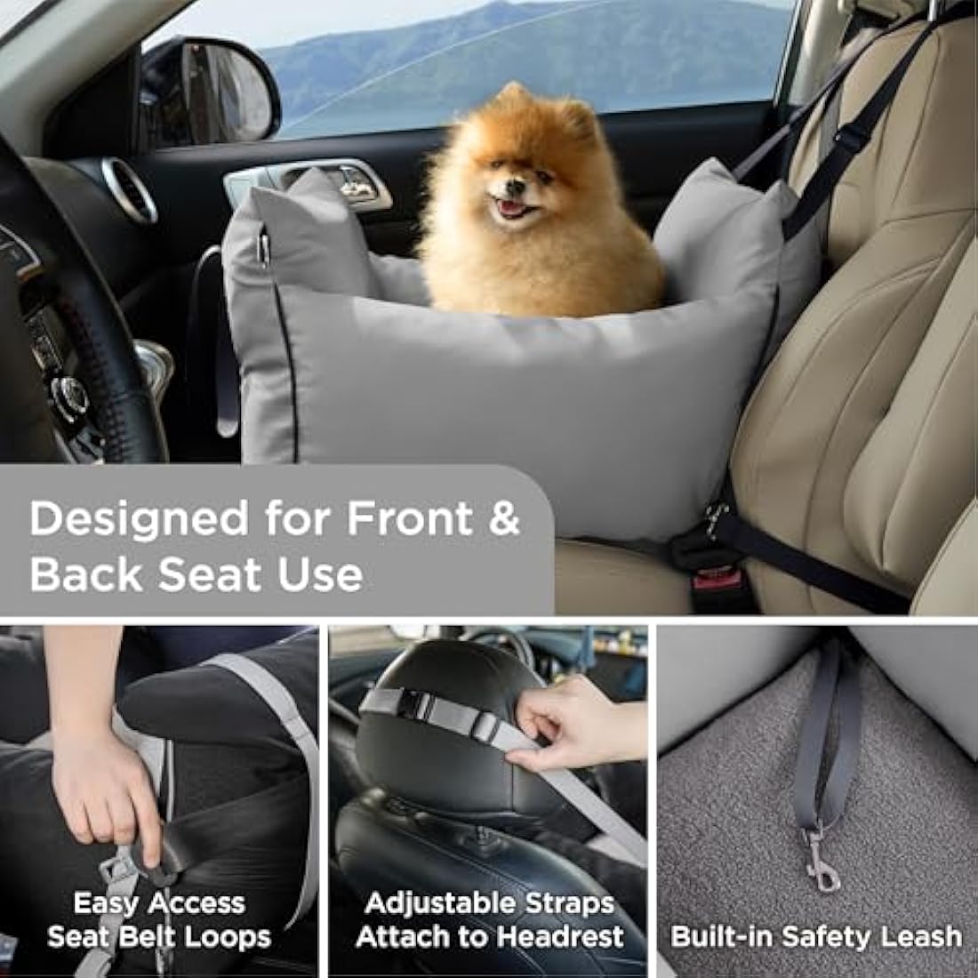 Lesure Dog Car Seat for Medium Dog - Waterproof Dog Booster Seat for Car with Storage Pockets, Clip-On Safety Leash and Chopped Foam Filling, Small Pets Travel Carrier Bed, 58x56x33cm, Grey