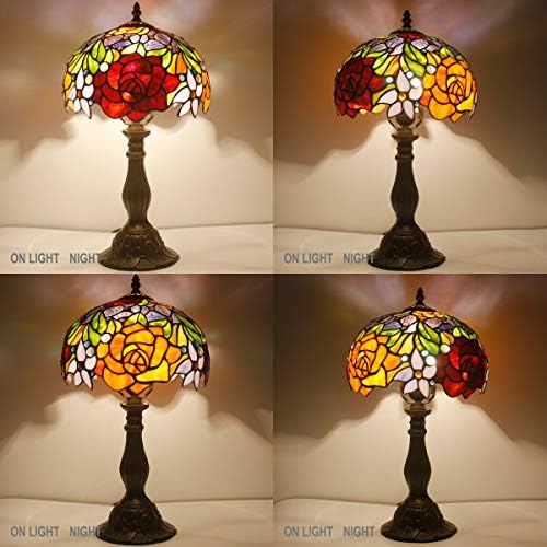 4MYHOME Tiffany Style Table Lamp Stained Glass Bedside Lamp Red Rose Desk Reading Light 10X10X18 Inches Decor Bedroom Living Room Home Office S001 Series