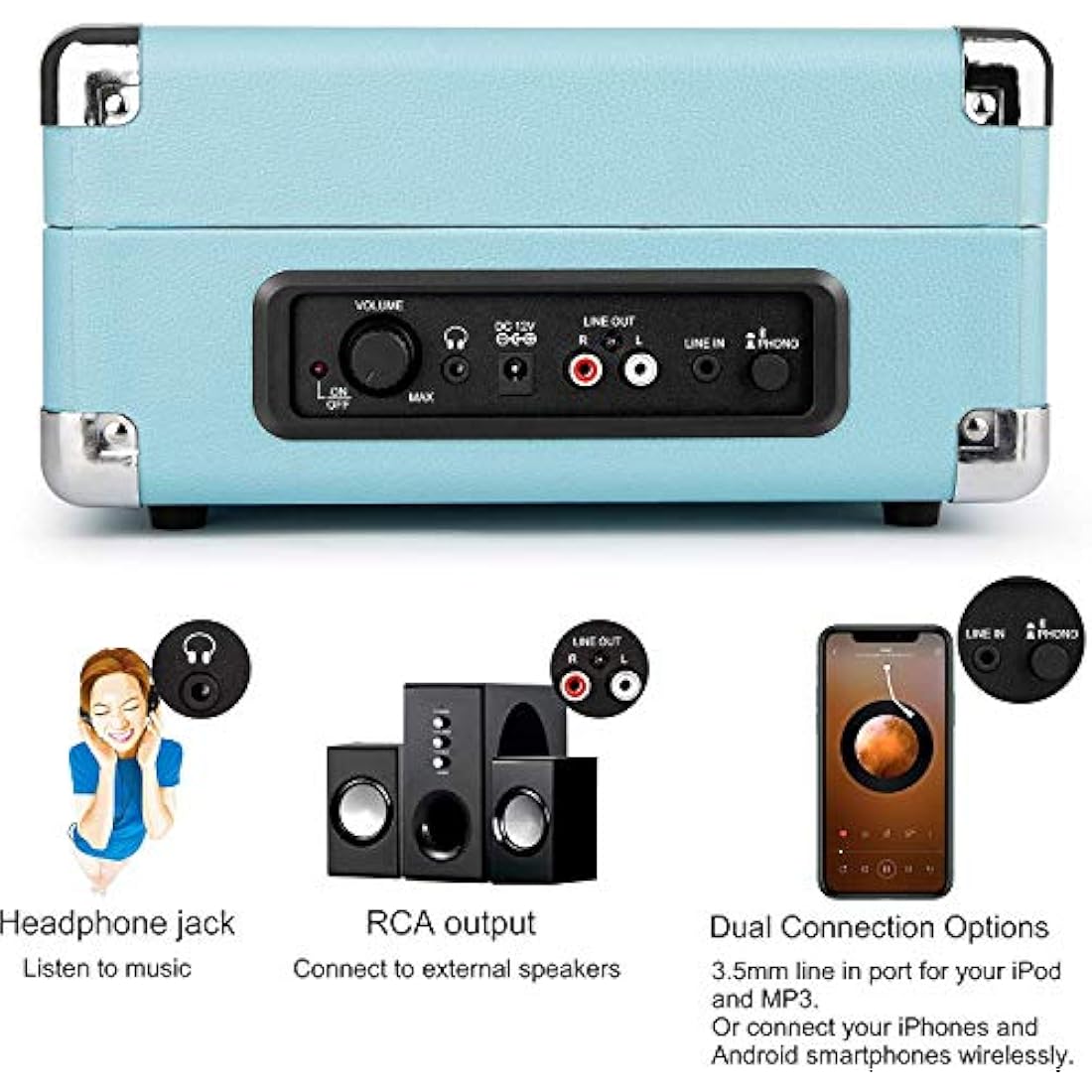 1 BY ONE Bluetooth Record Player Belt-Drive 3-Speed Portable Vinyl Turntable with Built in Speakers, Supports RCA Output, Headphone Jack, MP3, Mobile Phones Music Playback, Turquoise