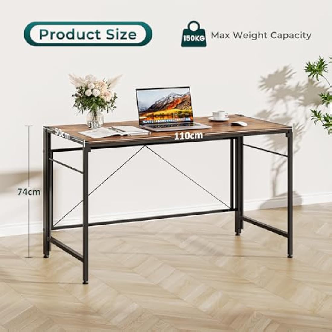 Dripex Folding Desk 110 x 50cm Writing Computer Desk Foldable Table Space Saving Home Office Desk Easy Assembly, Rustic Brown