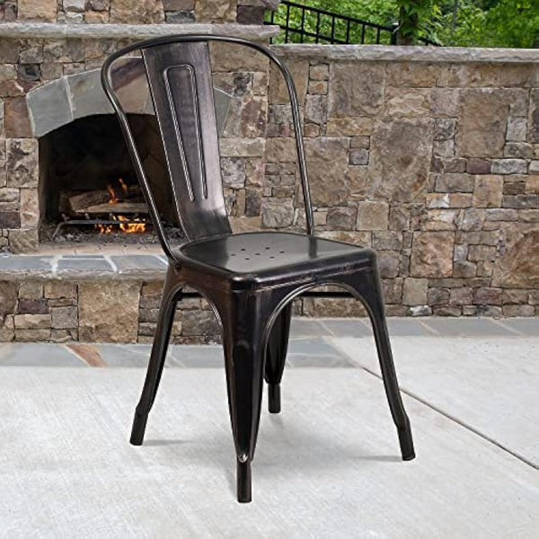 Flash Furniture Luke Commercial Grade 4 Pack Black-Antique Gold Metal Indoor-Outdoor Stackable Chair