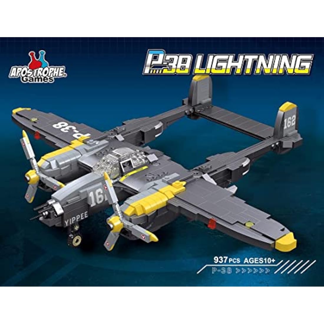 APOSTROPHE Games P-38 Lightning Aircraft Building Block Set - 937 Pieces - Air Force Fighter Plane Toy Set – Building Block for Kids Older Than 10 and Adult – Compatible with All Building Bricks