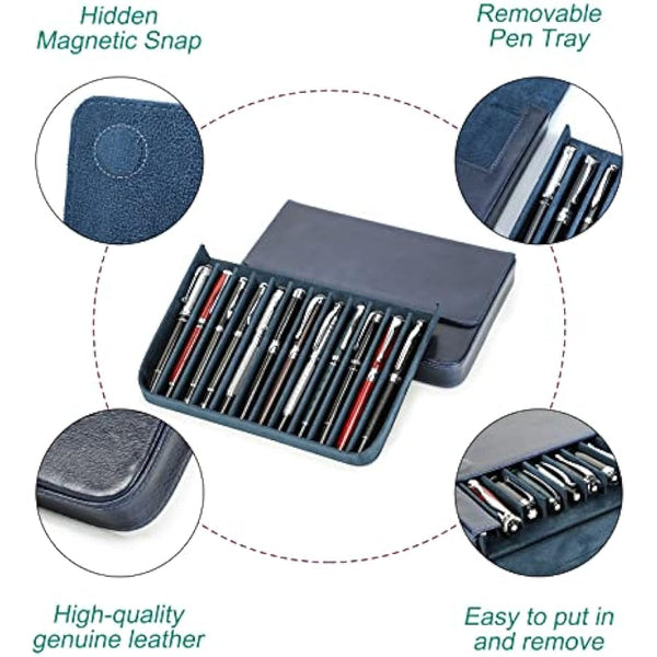 Hiram Leather Pen Case for 12 Pens Vegetable Tanned Leather Fountain Pen Storage Box with Hidden Magnetic Snap Closure and Pens Tray Design (Blue)