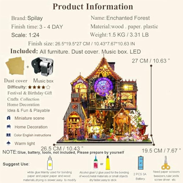 Spilay Diy Miniature House Kit with Wooden Furniture, with Music Box Dust Proof Cover and LED, 1:24 Scale Creative for Women Girl Friend Lover (Magic forest)