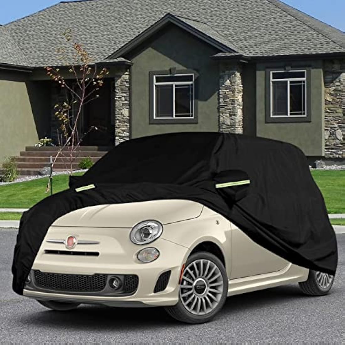 Waterproof Car Cover Compatible with Fiat 500/500C/500E/Abarth 500 2007-2022, 4 Layers All Weather Custom-fit Car Cover with Zipper Door & Windproof Strap for Snow Rain Dust Hail Protection