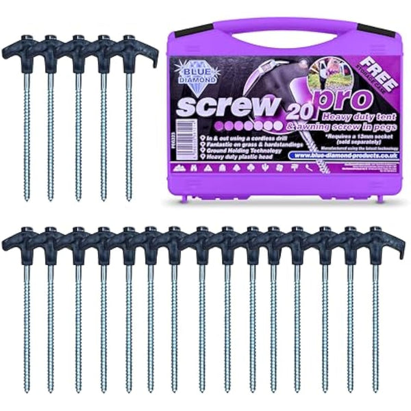 Blue Diamond Heavy Duty Screw Tent Pegs - Pack of 20 | Hard Ground Tent Pegs, Camping Pegs | Rustproof Galvanized Steel (Carry Case)