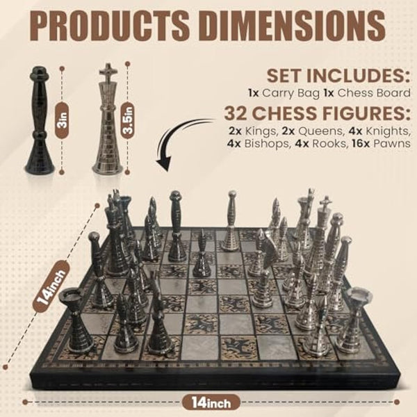 Guruji Divinity Collectible Tribal Warli Art Brass Chess Set in Leather Storage Box. (12 X 12 in)