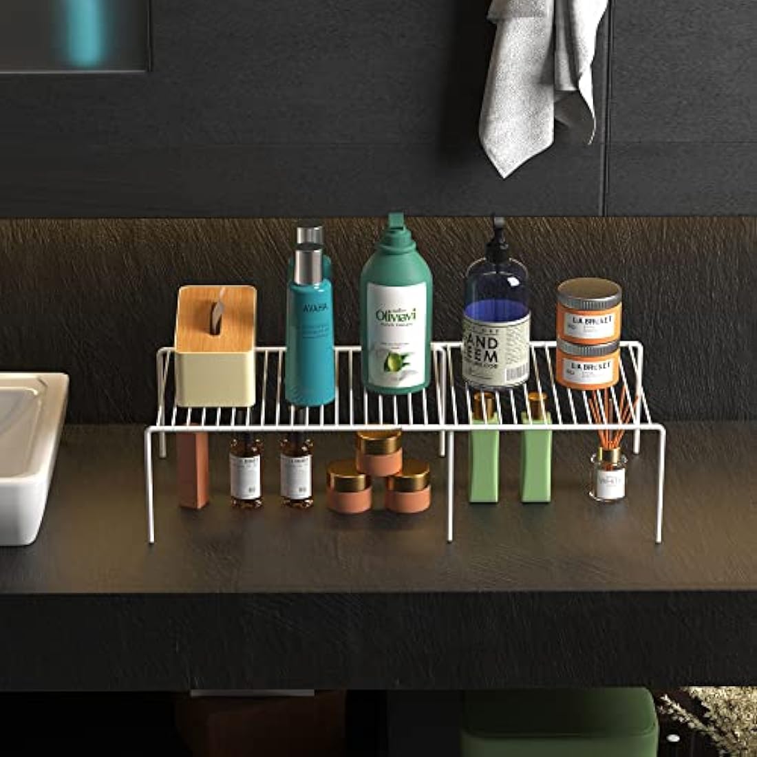 iPEGTOP Freezer Cabinet Storage Shelf, Expandable Metal Rustproof Spice Rack, Adjustable Kitchen Organizer Counter Fridge Pantry Shelf Space Saver, White, Set of 2