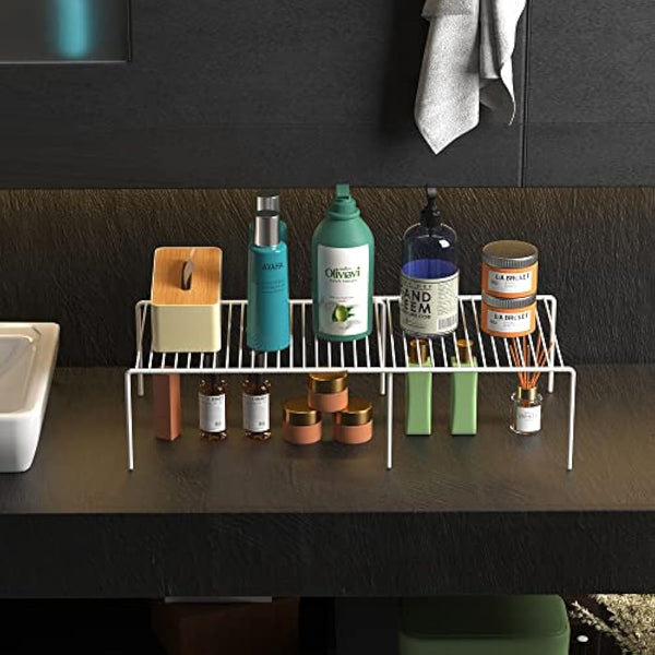 iPEGTOP Freezer Cabinet Storage Shelf, Expandable Metal Rustproof Spice Rack, Adjustable Kitchen Organizer Counter Fridge Pantry Shelf Space Saver, White, Set of 2