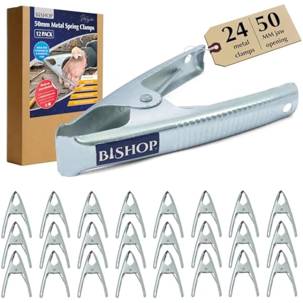 Commercial Grade Metal Spring Clamps for Woodwork - Rust Proof Market Stall Tarp Clips Clamps 50mm Jaw Capacity - Metal Clips All Steel Construction 160mm Length - Triple Coil Spring Clips (Qty: 24)