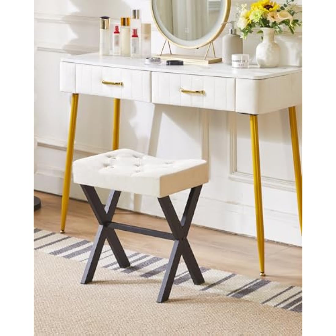 IBUYKE U-shaped Linen Vanity Stool, Square Makeup Stool with X-Leg, Ottoman Seat Footrest Stool, Multi-Use as Small Side Table, for Bedroom, Living Room, Linen WBD018Y