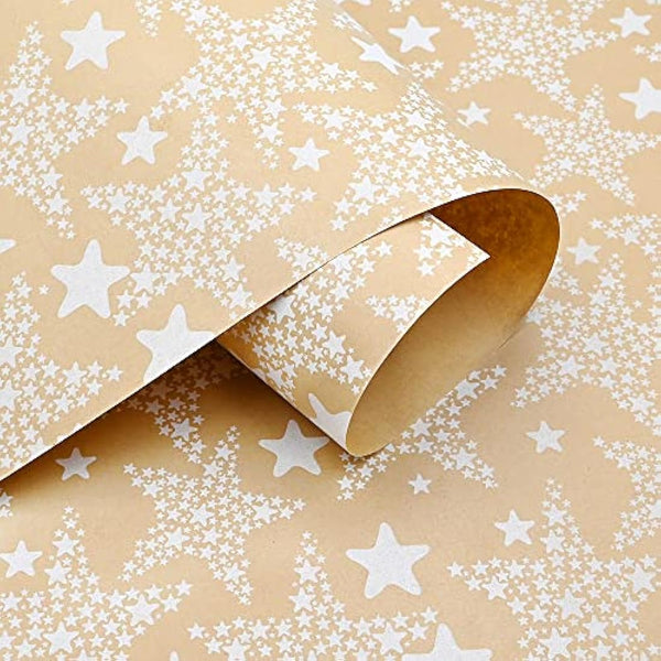 43cm*15m Gift Wrapping Paper Roll with White Star,Topeedy Recycle Kraft Wrapping Paper for Birthday Women's Day