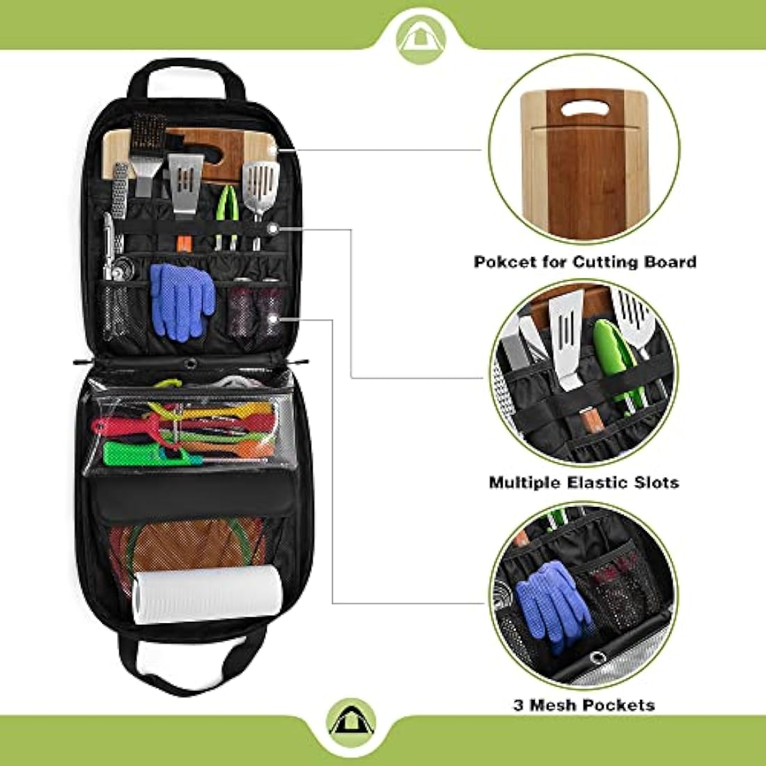 HODRANT Travel Camp Utensil Organizer Bag, with Hanging Straps & Towel Paper Holder, Camp Kitchen Case for Cooking Utensil Set, Kitchen Accessories Storage Bag for Outdoor Camping & Hiking, Bag Only