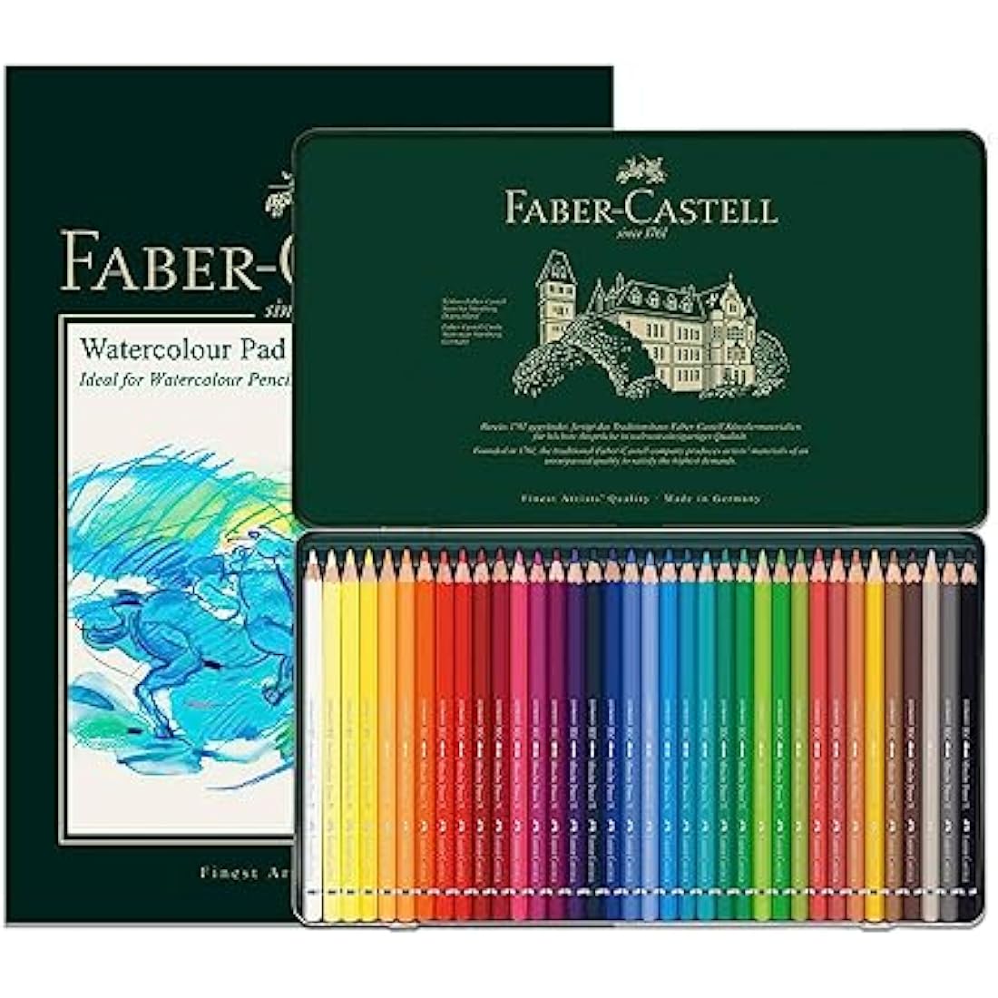 Faber-Castell A4 Watercolour Pad & Tin Of 36 Albrecht Dürer Watercolour Pencils - Art Set For Adult Colouring Books, Craft Supplies, Drawing, Sketching, Lightfast Pencils, Schools, Home, College…