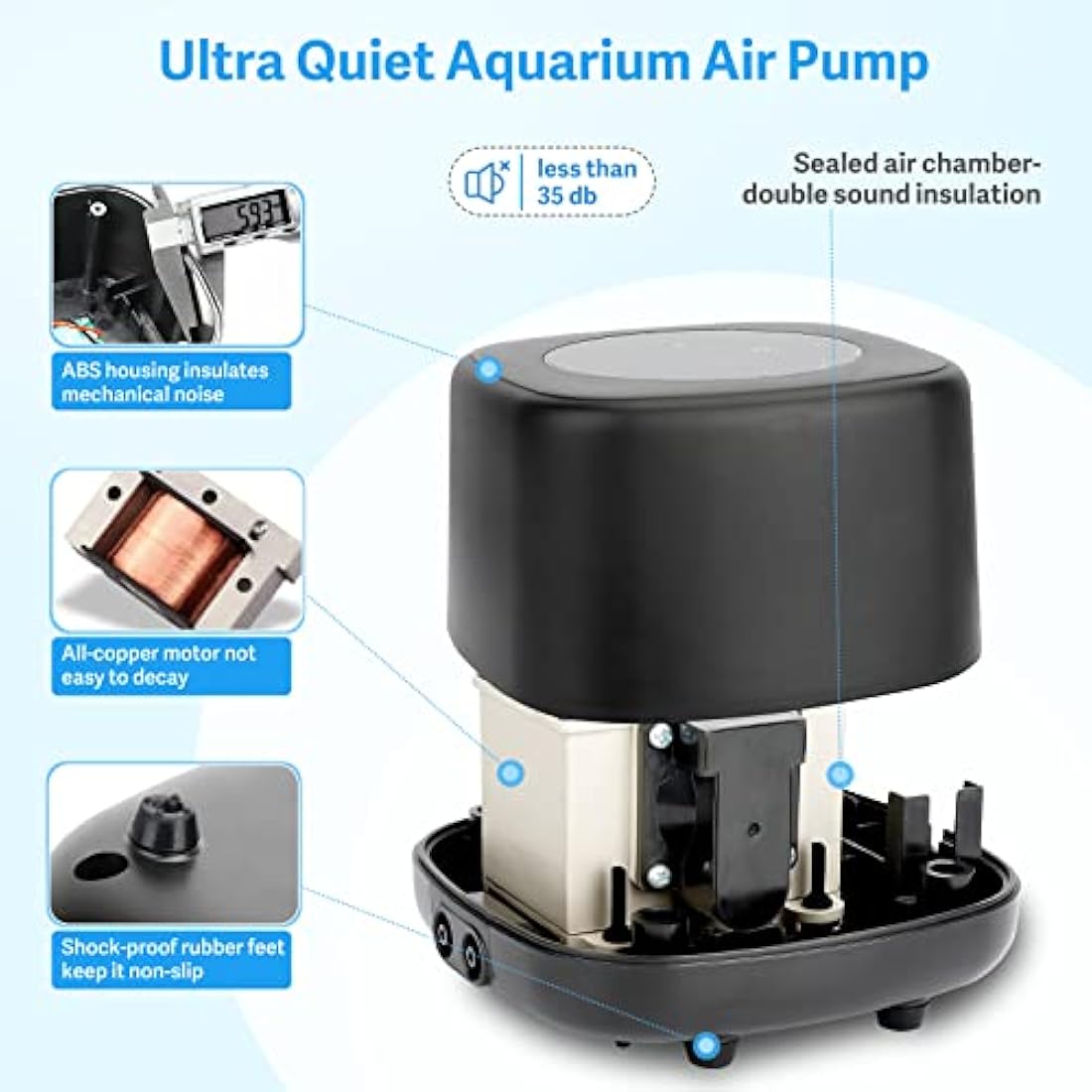 hygger Aquarium Air Pump,Ultra Silent Fish Tank Air Pump for Aquarium with 2 Air Outlets, 5W High Energy Saving 4 Speed Airflow Adjustable Oxygen Pump for Fish Tank Up to 1100 Liter