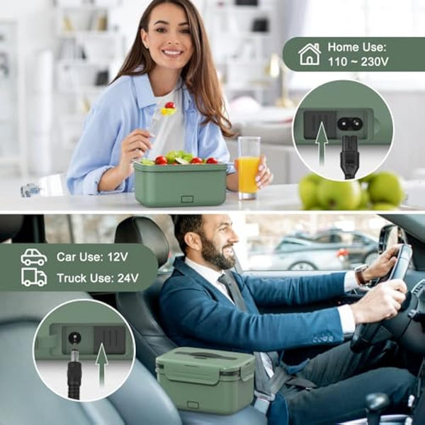 Vabaso 100W Electric Lunch Box with Fruit Compartments, Heated Lunch Box Adults with Insulated Lunch Bag, 1.8L Large Capacity 304 SS Container,Leakproof, Father's Day Gifts for Car Truck Driver Green