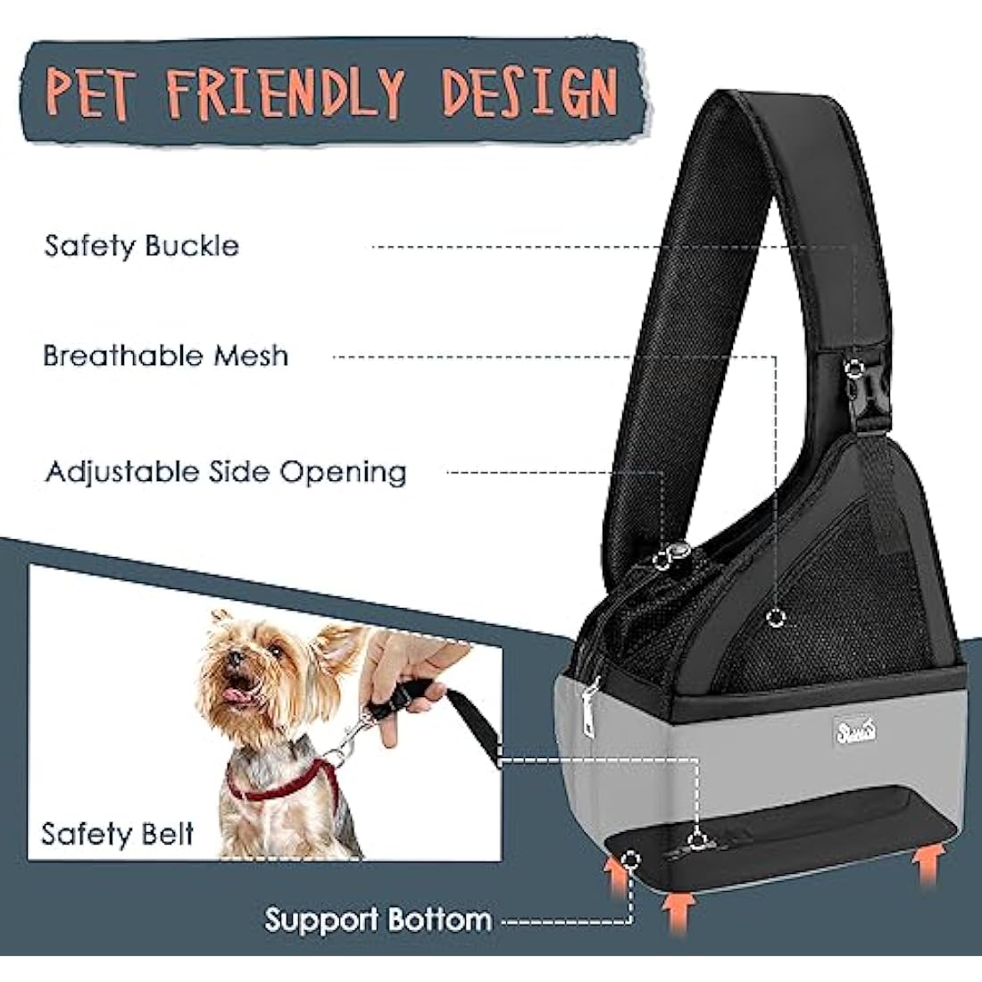 Eyein Pet Puppy Sling Carrier, Up to 6 lbs Hand Free Cat Dog Papoose, Hard Bottom Support Small Animal Travel Tote Bags with Breathable Mesh Adjustable Padded Strap Safety Belt Machine Washable