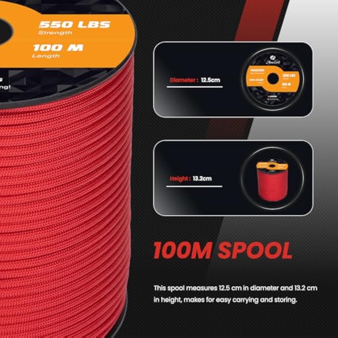 Abma Cord Paracord 550 4mm 100m 100% Nylon Rope Type III 7 Strands Parachute Cord for DIY, Camping, Survival, Outdoor - Max. 250kg - Red