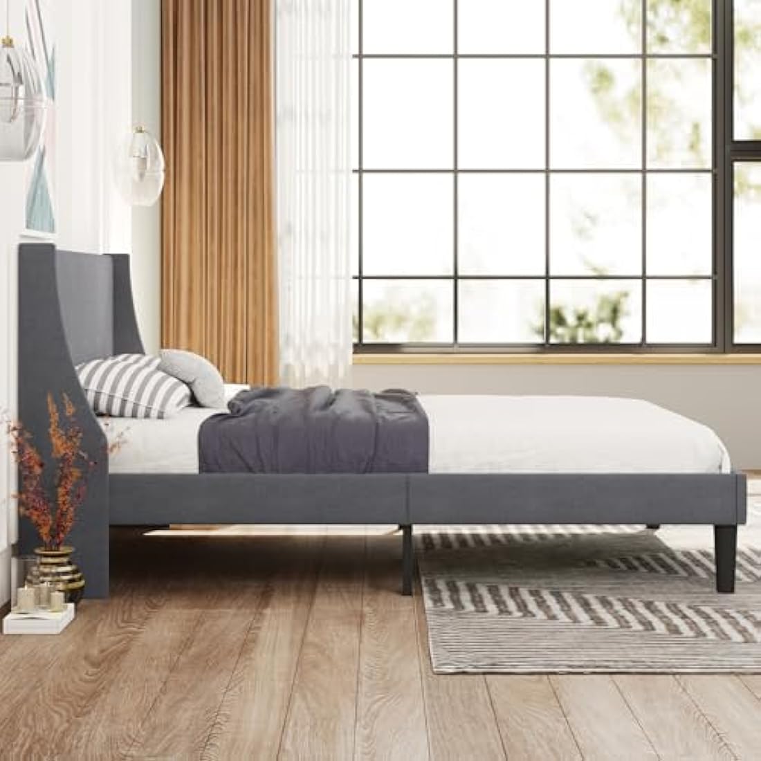Merax Single Bed Frame 3FT Upholstered Bed with Winged Headboard, Wood Slat Support, Strong Comfortable Single Bed, Bedroom Furniture, Soft Linen Grey
