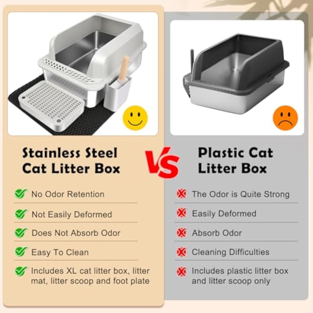 Vivifying Extra Large Grey Stainless Steel Cat Litter Box, Easy to Clean and Odour-Resistant Metal Cat Litter Tray with Lid, Leak-Proof, 55 x 35 x 30 cm