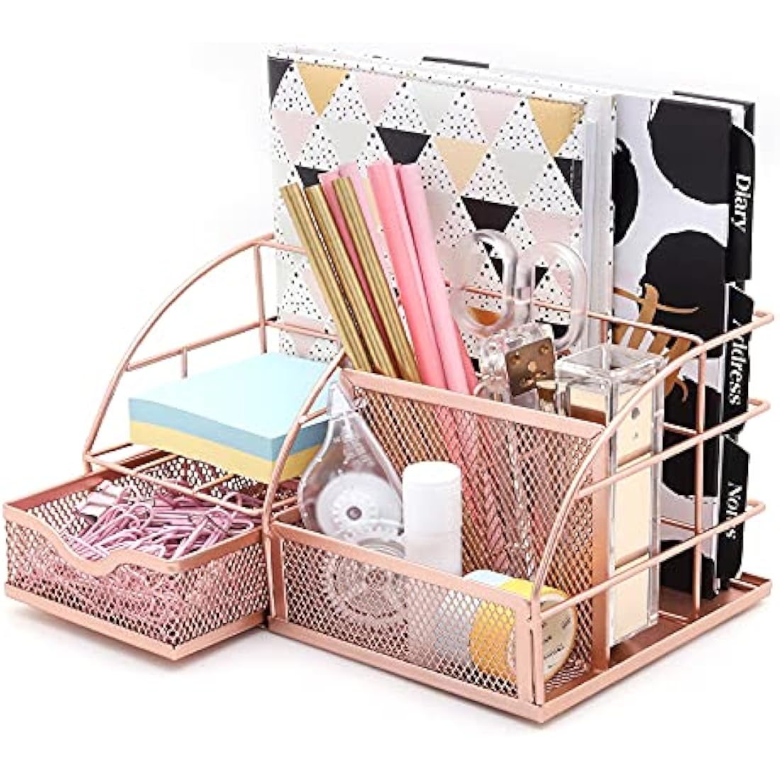 EXERZ Desk Organiser/Mesh Desk Tidy Caddy/Pencil Holder Multifunctional with 7 Compartments - Rose Gold