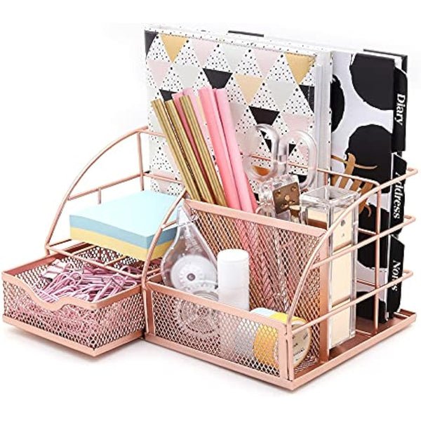 EXERZ Desk Organiser/Mesh Desk Tidy Caddy/Pencil Holder Multifunctional with 7 Compartments - Rose Gold